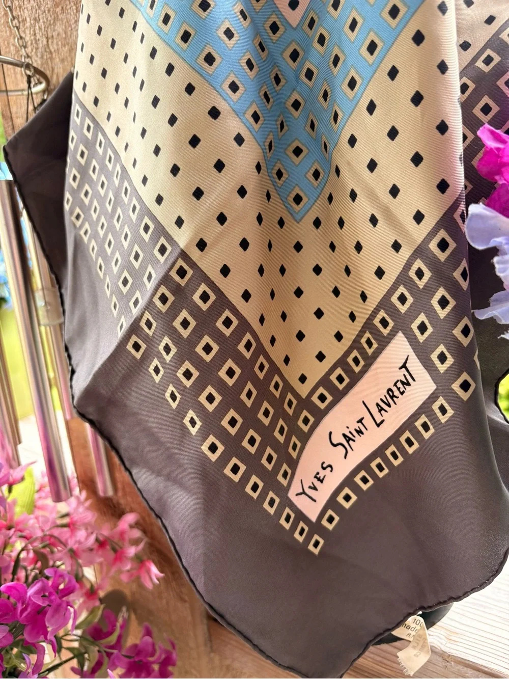 Vintage Yves Saint Laurent Silk Made in France Large Square Geo Print Scarf
